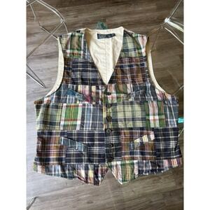 Vintage Polo Ralph Lauren Men's India Madras Plaid Patchwork Vest Cinch Back L